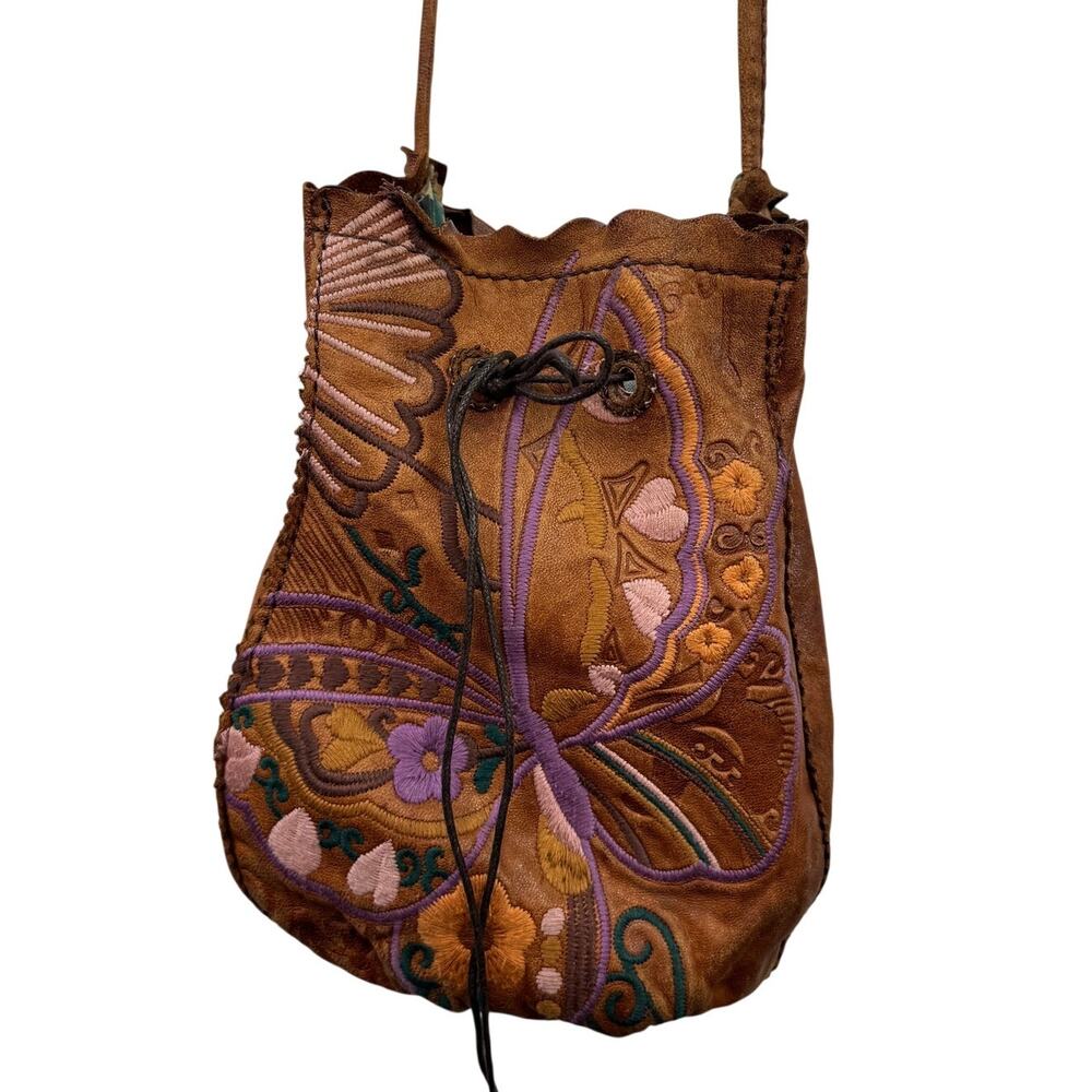 VINTAGE Lucky Brand Handbag Brown Lamb Leather Embroidered Duffle Bag USED